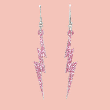 Pink glitter acrylic lightning bolt charms on stainless steel earwires