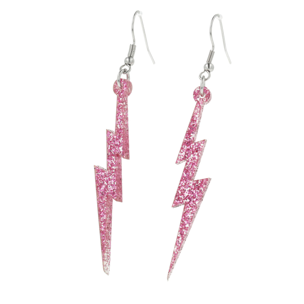 Pink glitter acrylic lightning bolt charms on stainless steel earwires