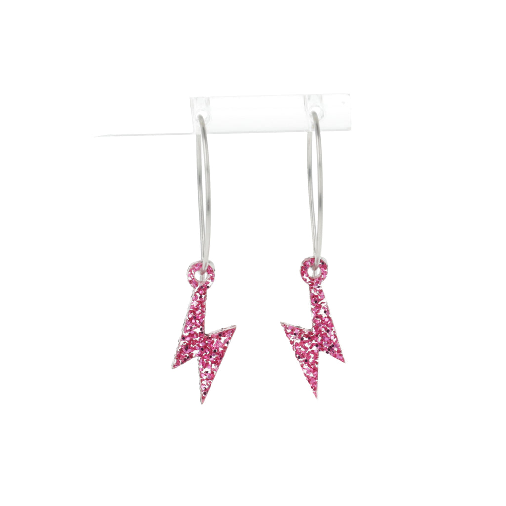 Mini Pink Glitter Lightning Bolt charms on stainless steel hoops