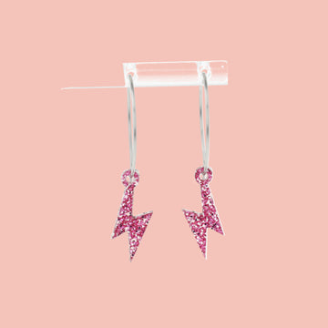 Mini Pink Glitter Lightning Bolt charms on stainless steel hoops