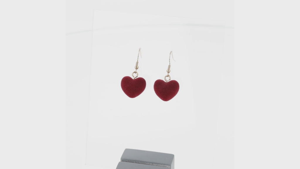 Fuzzy dark red 3D heart charms on gold plated stainless steel earwires