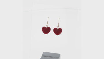 Fuzzy dark red 3D heart charms on gold plated stainless steel earwires