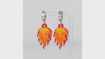 360 view of Flame charms on stainless steel huggie hoop earrings