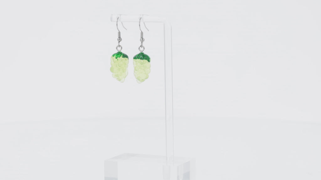 360 view of Charms featuring a green bunch of grapes on stainless steel earwires