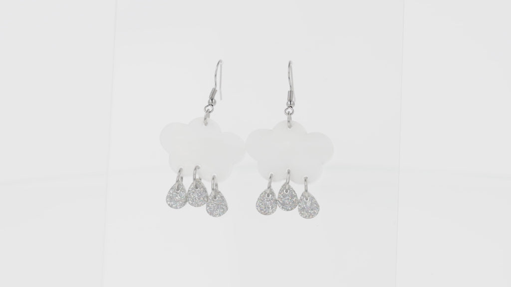 360 view of White marble clouds and silver holographic glitter raindrop charms on stainless steel earwires