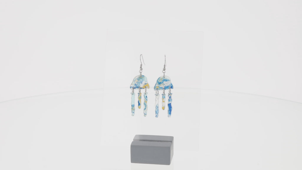 360 view of Blue abalone jellyfish charms on stainless steel earwires