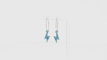 360 view of Mini Blue Glitter Lightning Bolt charms on stainless steel hoops