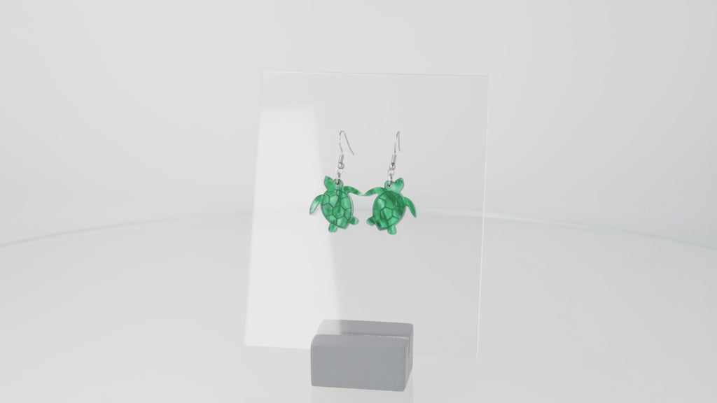 360 view of Green marble turtle charms on stainless steel earwires