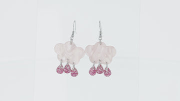 360 view of acrylic baby pink marble clouds and pink glitter acrylic raindrop charms on stainless steel earwires