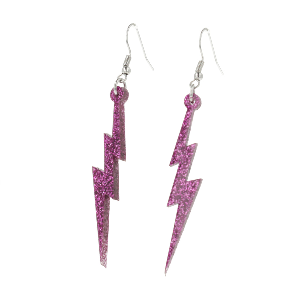 Purple glitter acrylic lightning bolt charms on stainless steel earwires