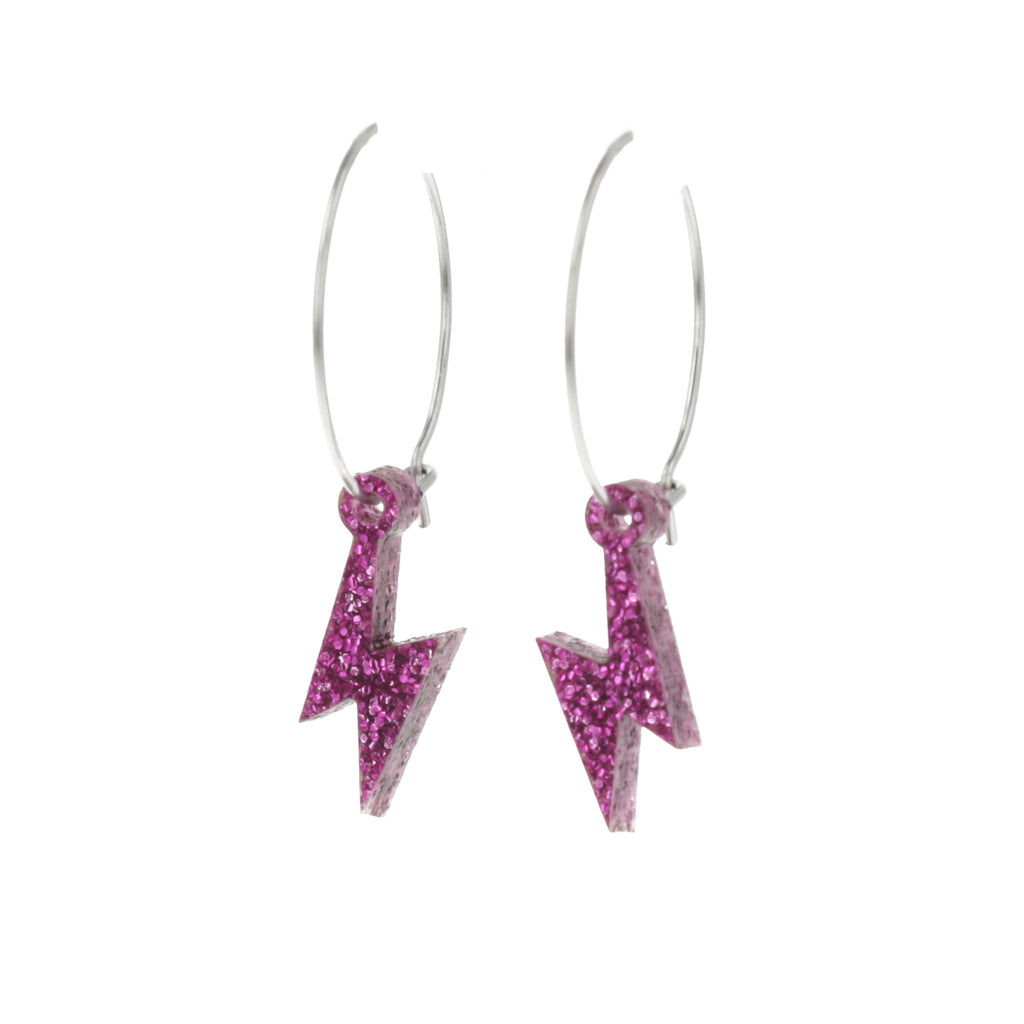 Mini Purple Glitter Lightning Bolt charms on stainless steel hoops