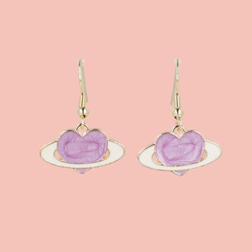 Lilac heart charms surrounded by a ring to replicate a planet, on gold plated stainless steel earwires