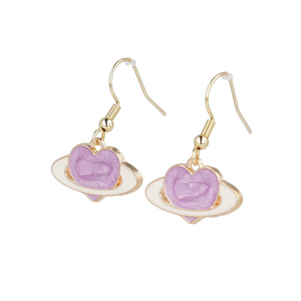 Lilac heart charms surrounded by a ring to replicate a planet, on gold plated stainless steel earwires