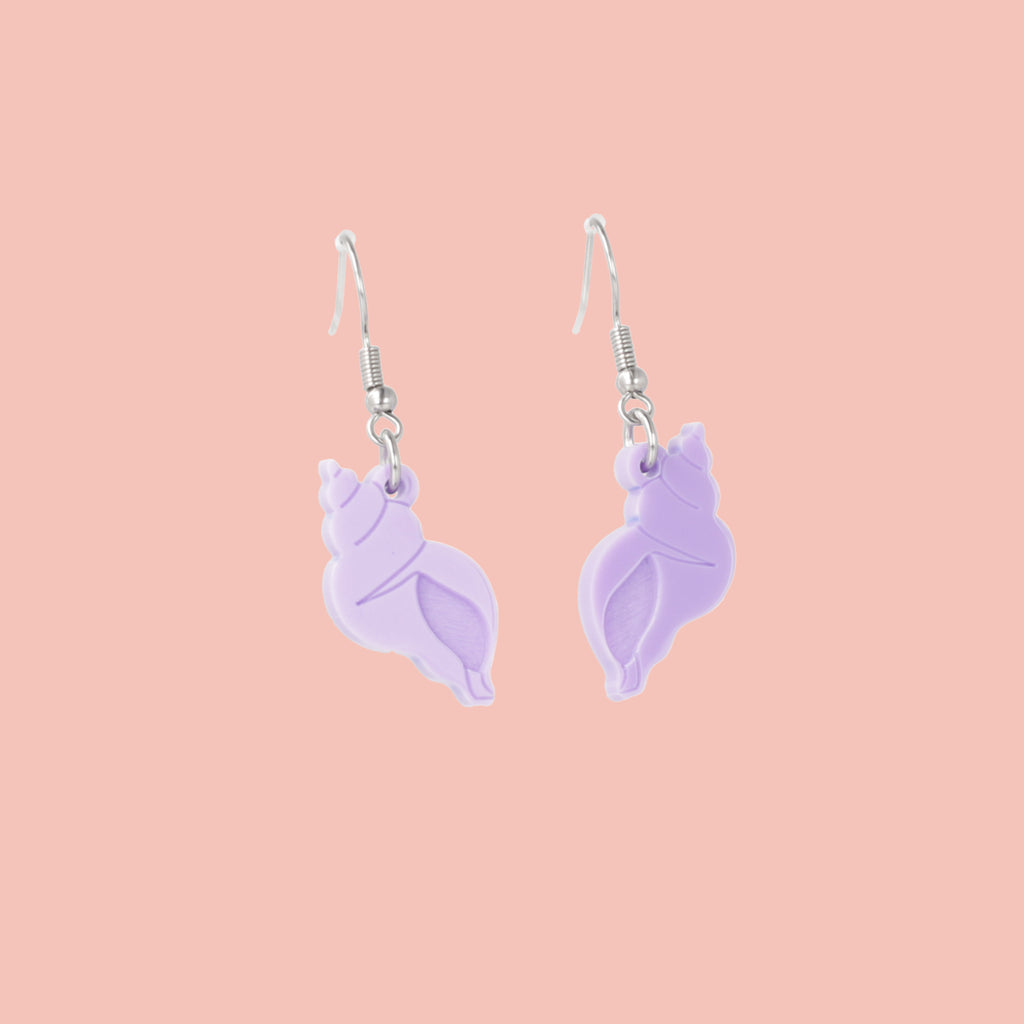 Lilac hermit shell charm on stainless steel earwires