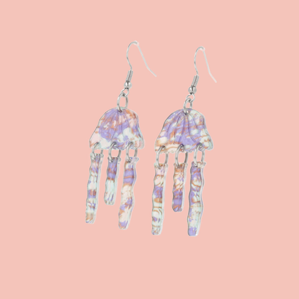 Purple abalone acrylic jellyfish charms on stainless steel earwires