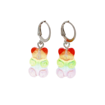 Sparkly rainbow gummy bear charms on stainless steel huggie hoops