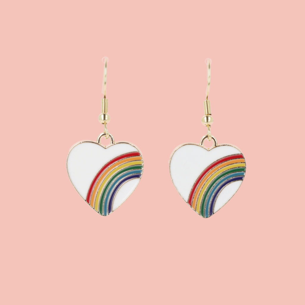 White heart charms with rainbows on them, on gold plated stainless steel earwires 