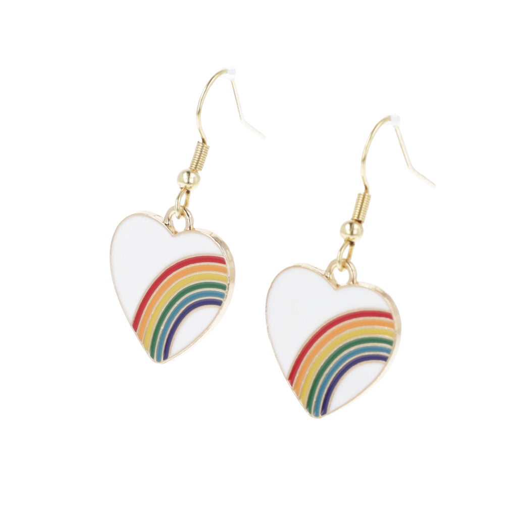 White heart charms with rainbows on them, on gold plated stainless steel earwires