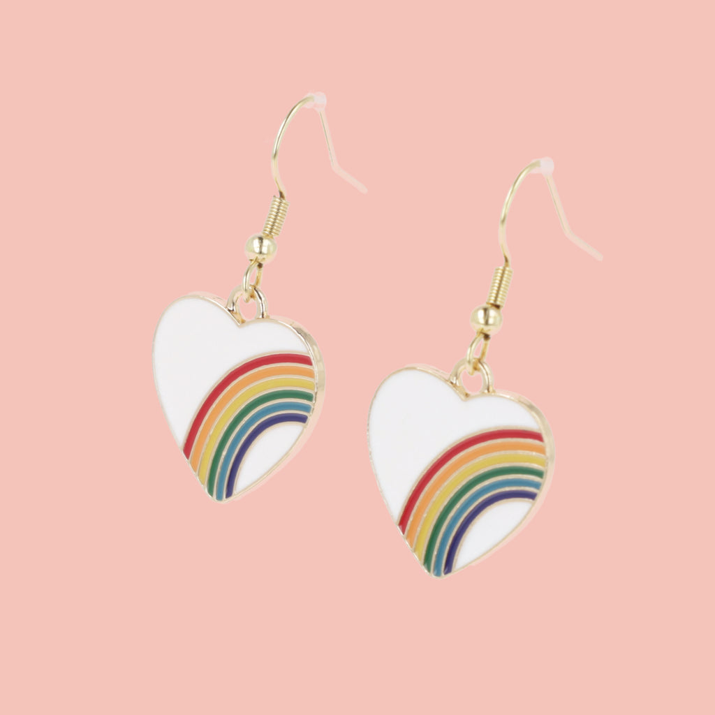 White heart charms with rainbows on them, on gold plated stainless steel earwires