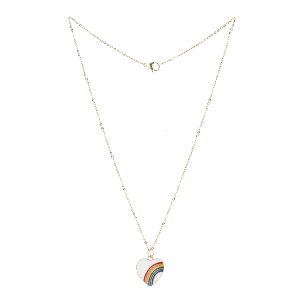 White heart pendant with a rainbow on it, attached to a gold plated stainless steel chain 