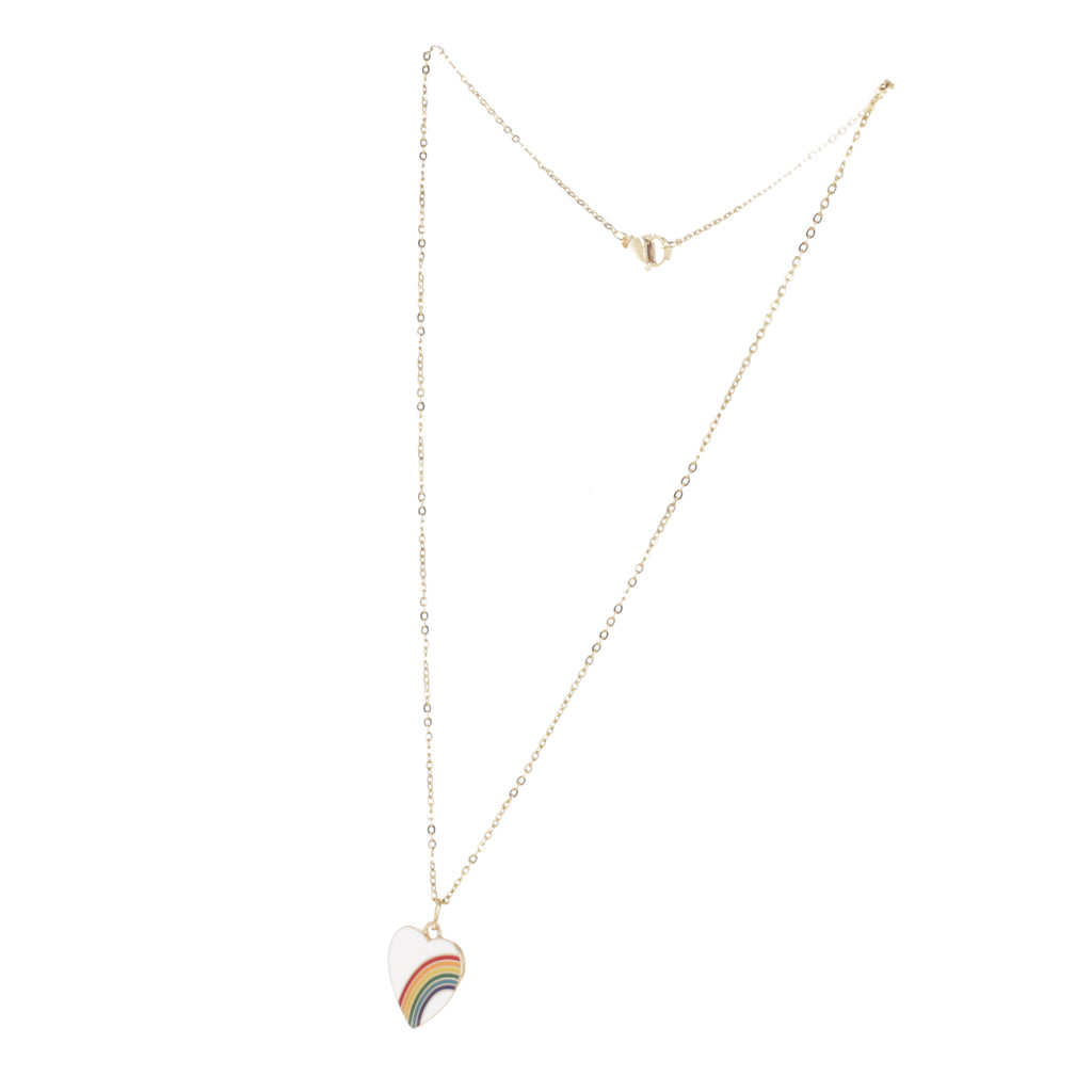 White heart pendant with a rainbow on it, attached to a gold plated stainless steel chain 