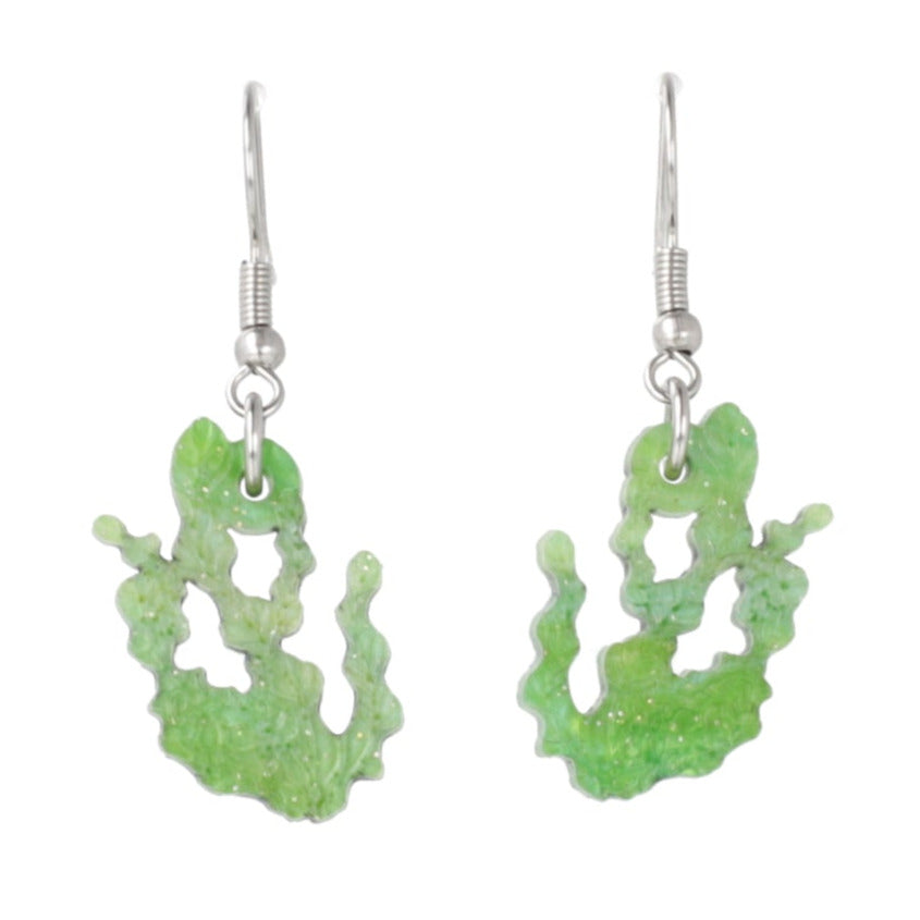 Green glitter acrylic seaweed charms on stainless steel earwires