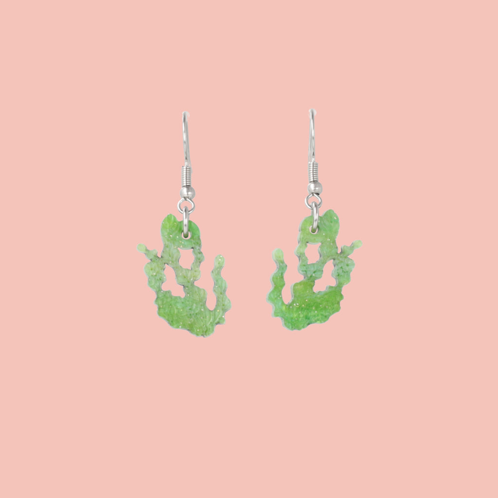 Green glitter acrylic seaweed charms on stainless steel earwires