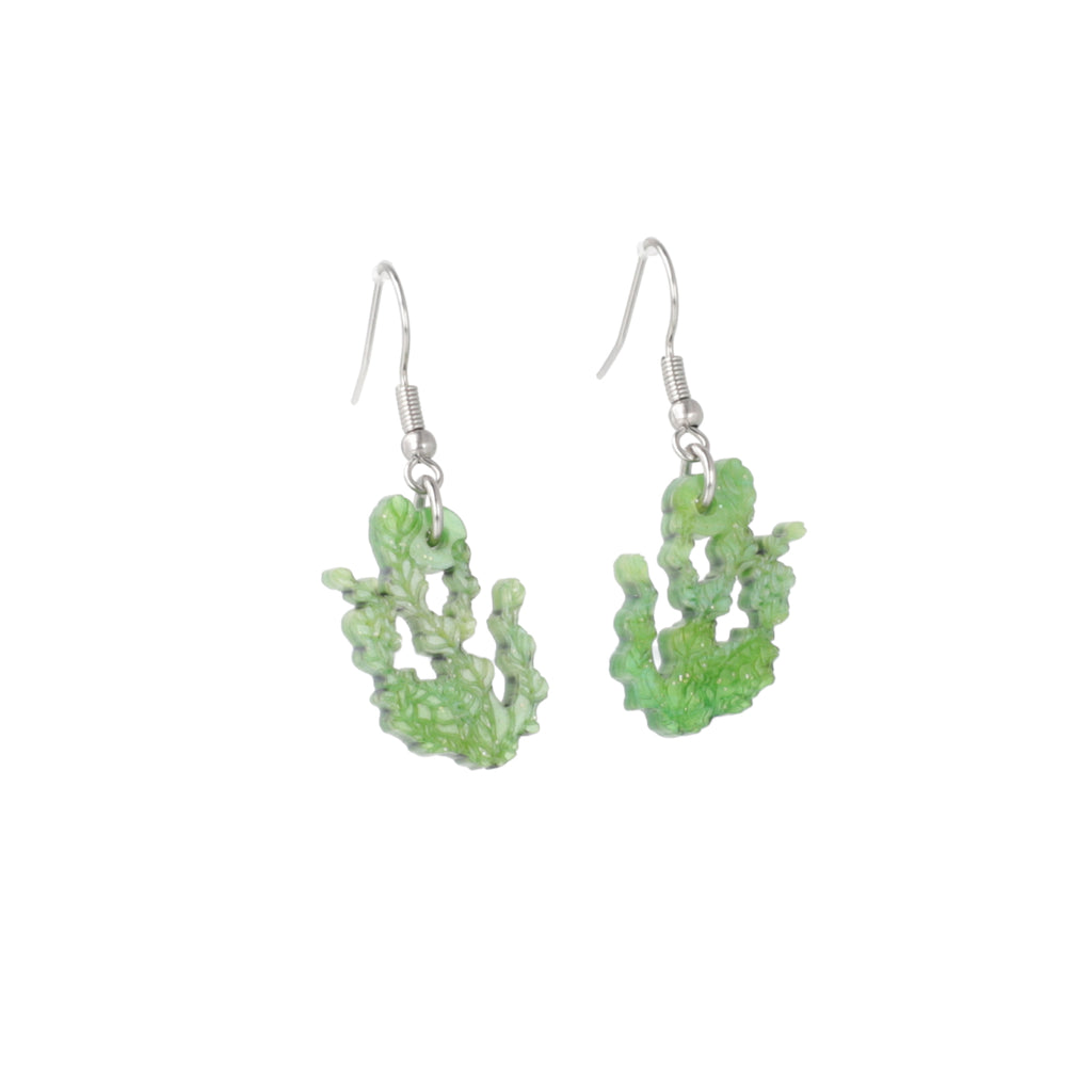 Green glitter acrylic seaweed charms on stainless steel earwires