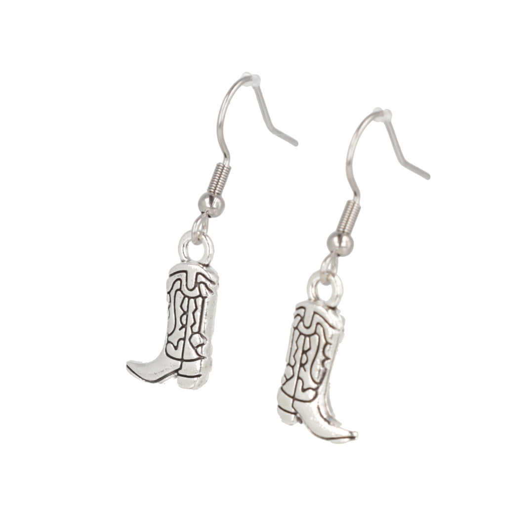 Silver cowboy boot charms on stainless steel earwires