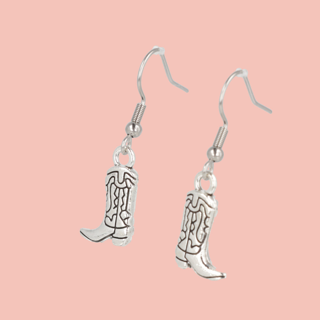 Silver cowboy boot charms on stainless steel earwires