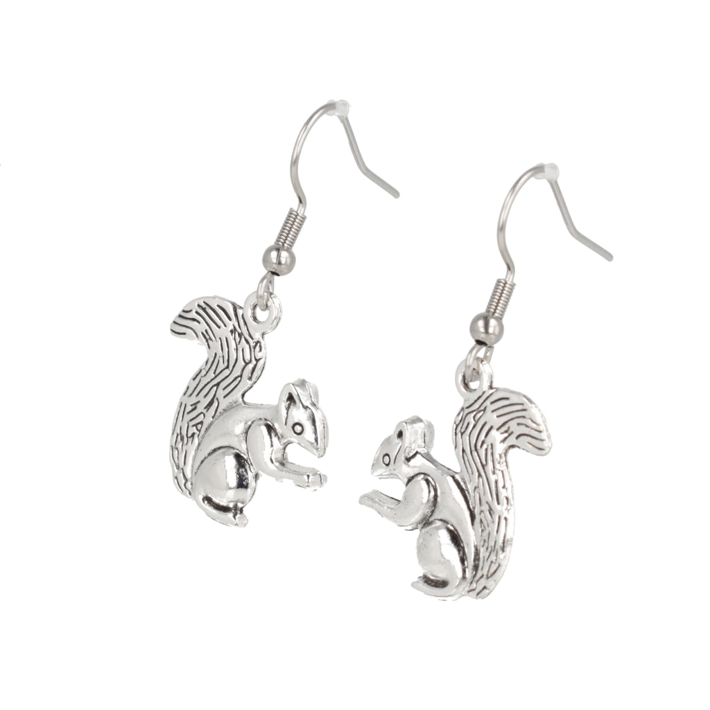 Silver squirrel charms on stainless steel earwires