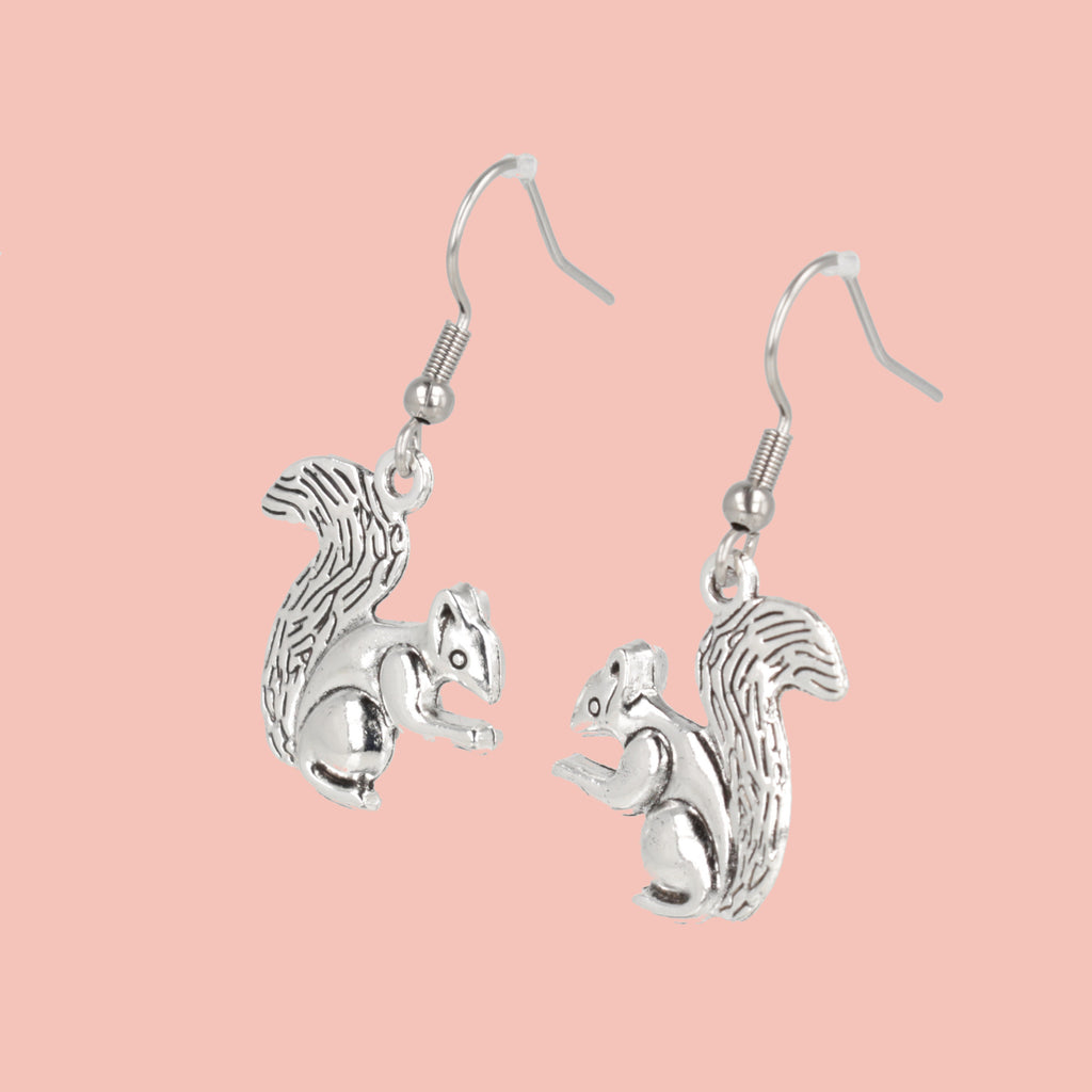 Silver squirrel charms on stainless steel earwires