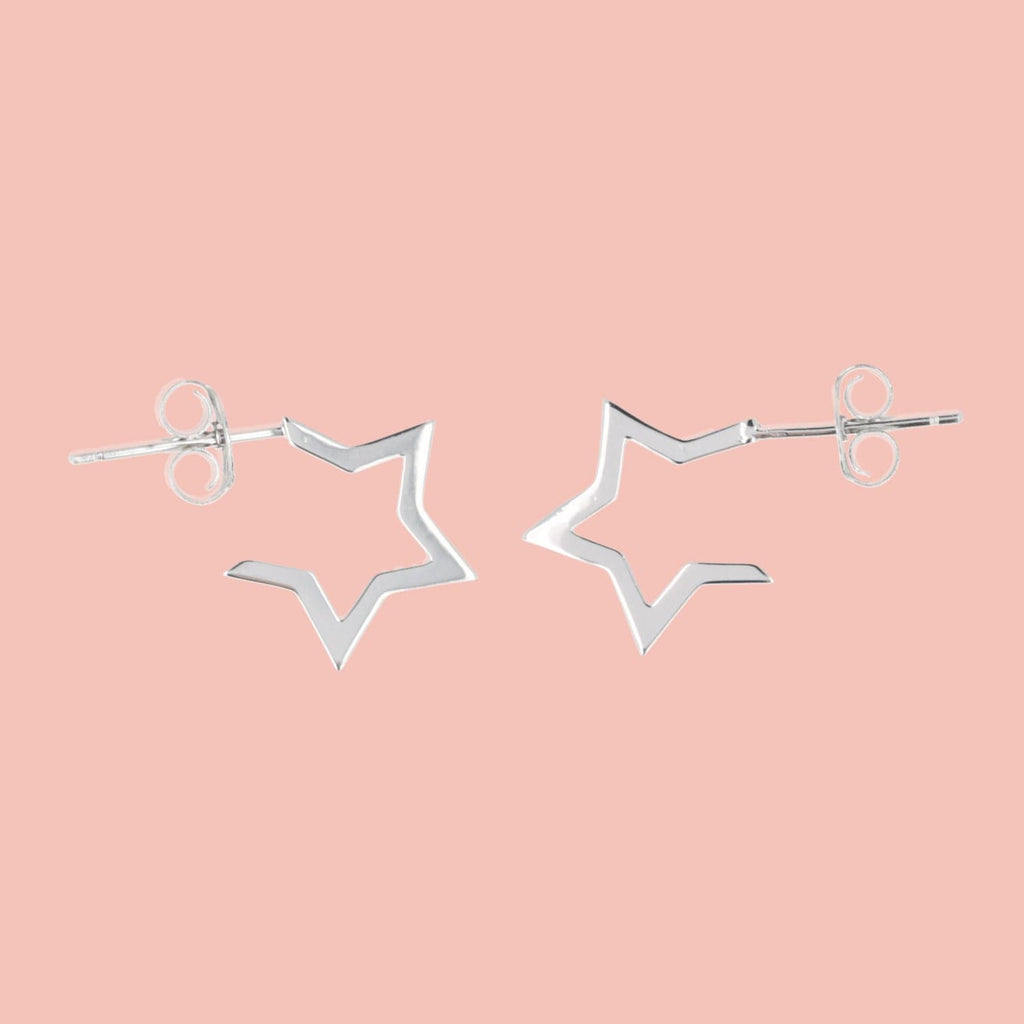 Sterling silver star studs with a point missing to replicate a hoop