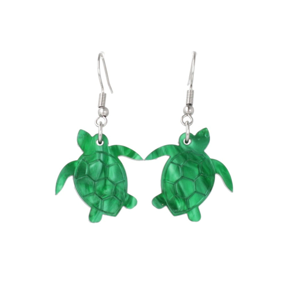 Green marble turtle charms on stainless steel earwires