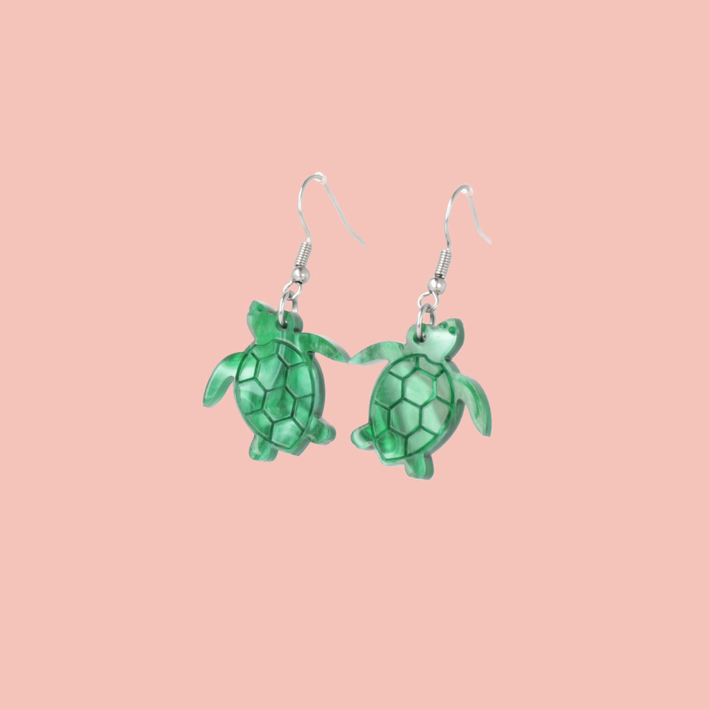 Green marble turtle charms on stainless steel earwires