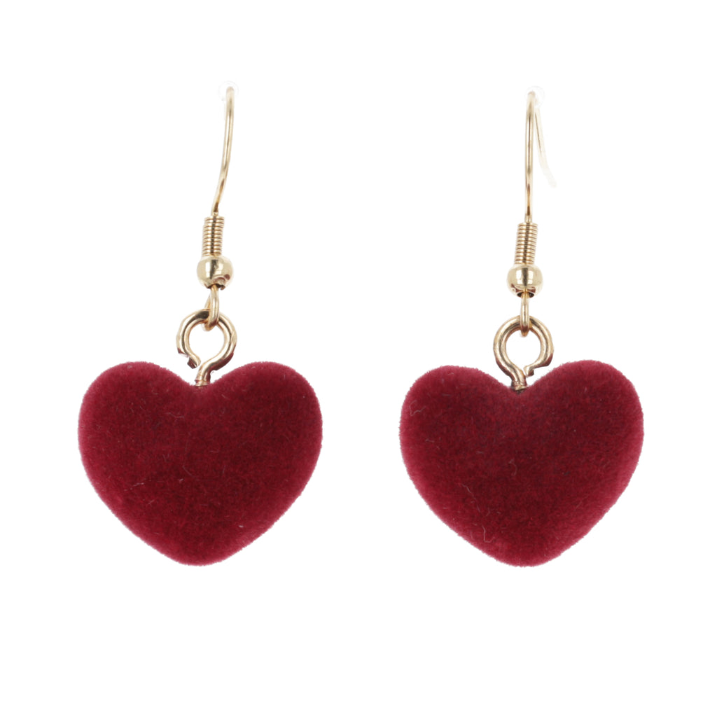 Fuzzy dark red 3D heart charms on gold plated stainless steel earwires