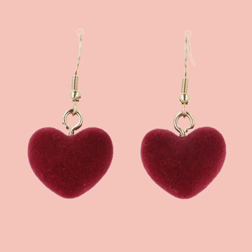 Fuzzy dark red 3D heart charms on gold plated stainless steel earwires