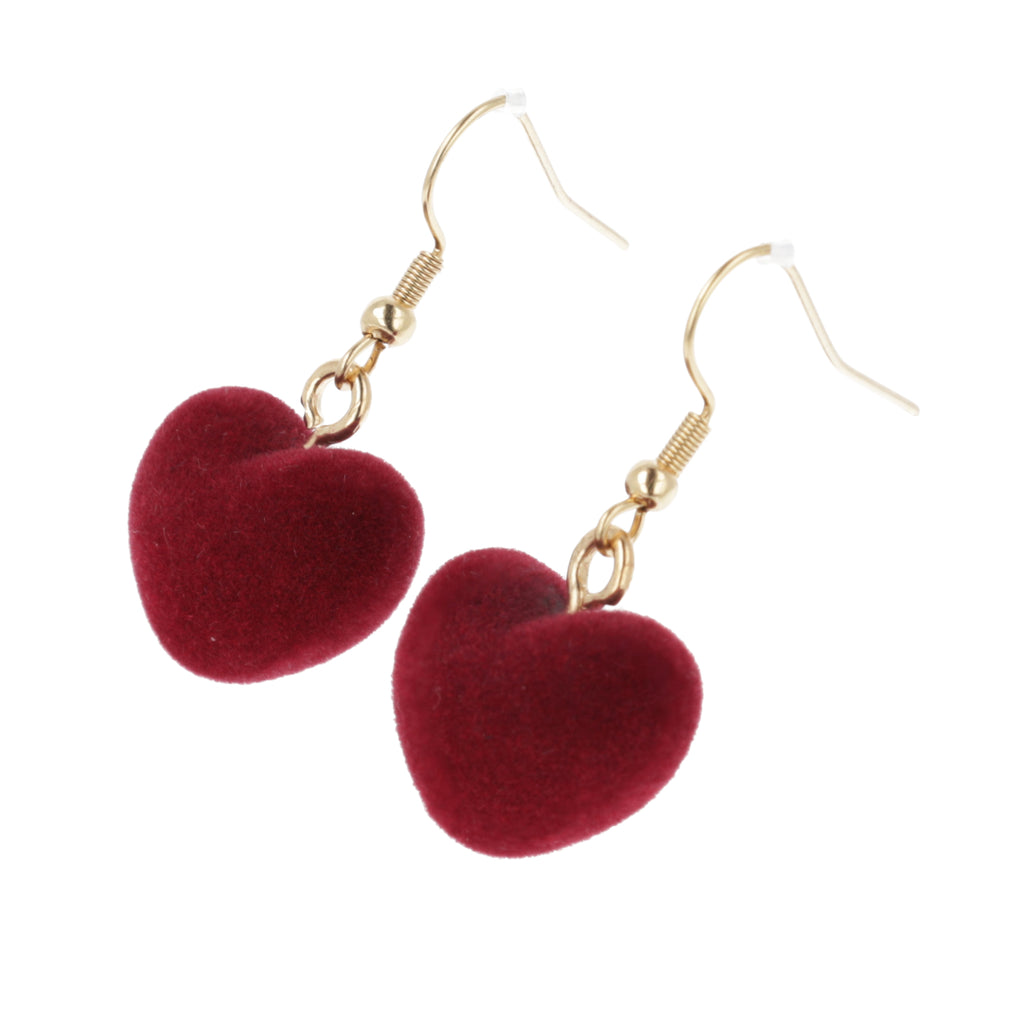 Fuzzy dark red 3D heart charms on gold plated stainless steel earwires