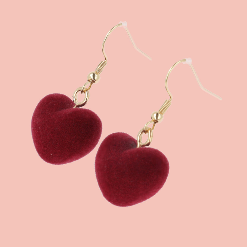 Fuzzy dark red 3D heart charms on gold plated stainless steel earwires