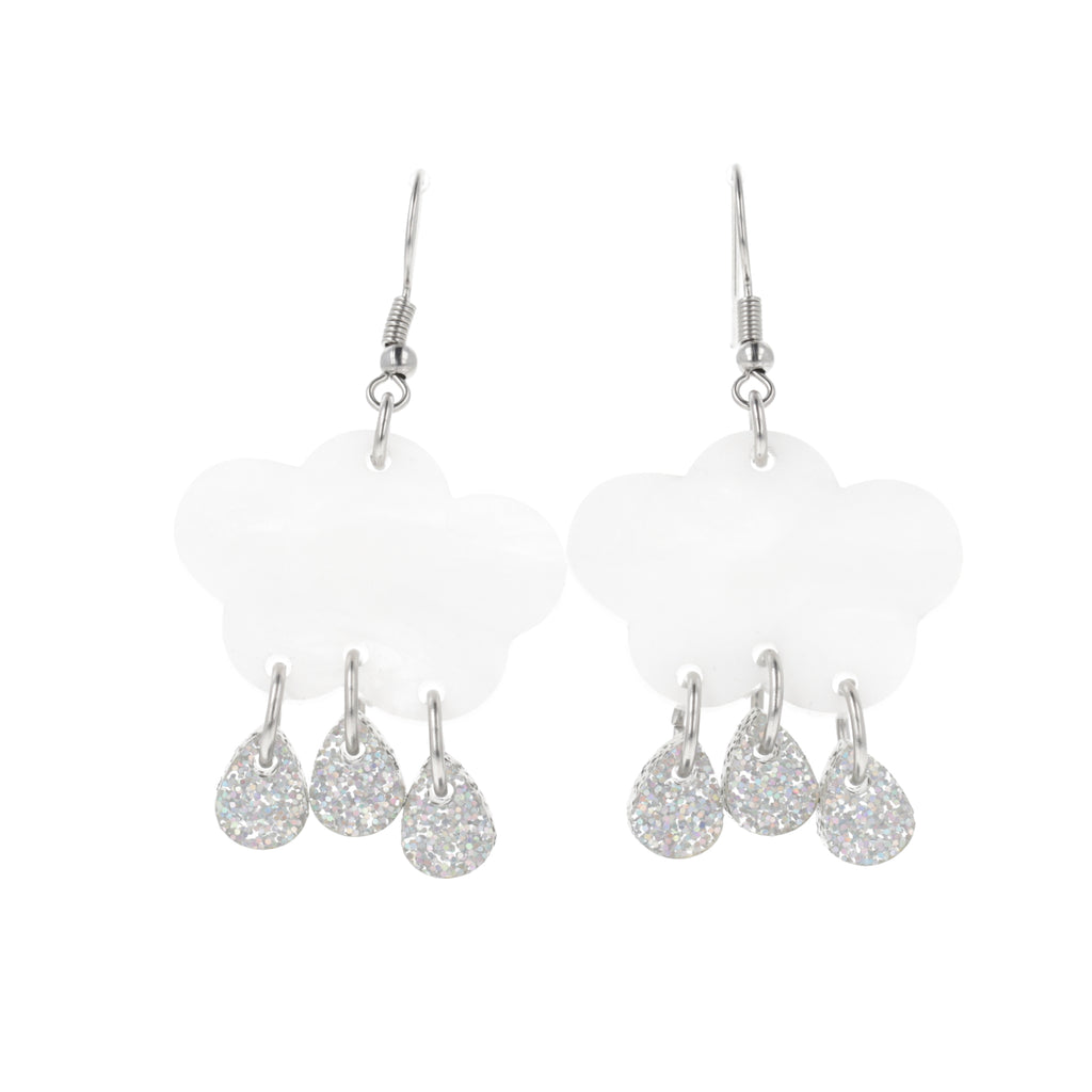 White marble clouds and silver holographic glitter raindrop charms on stainless steel earwires