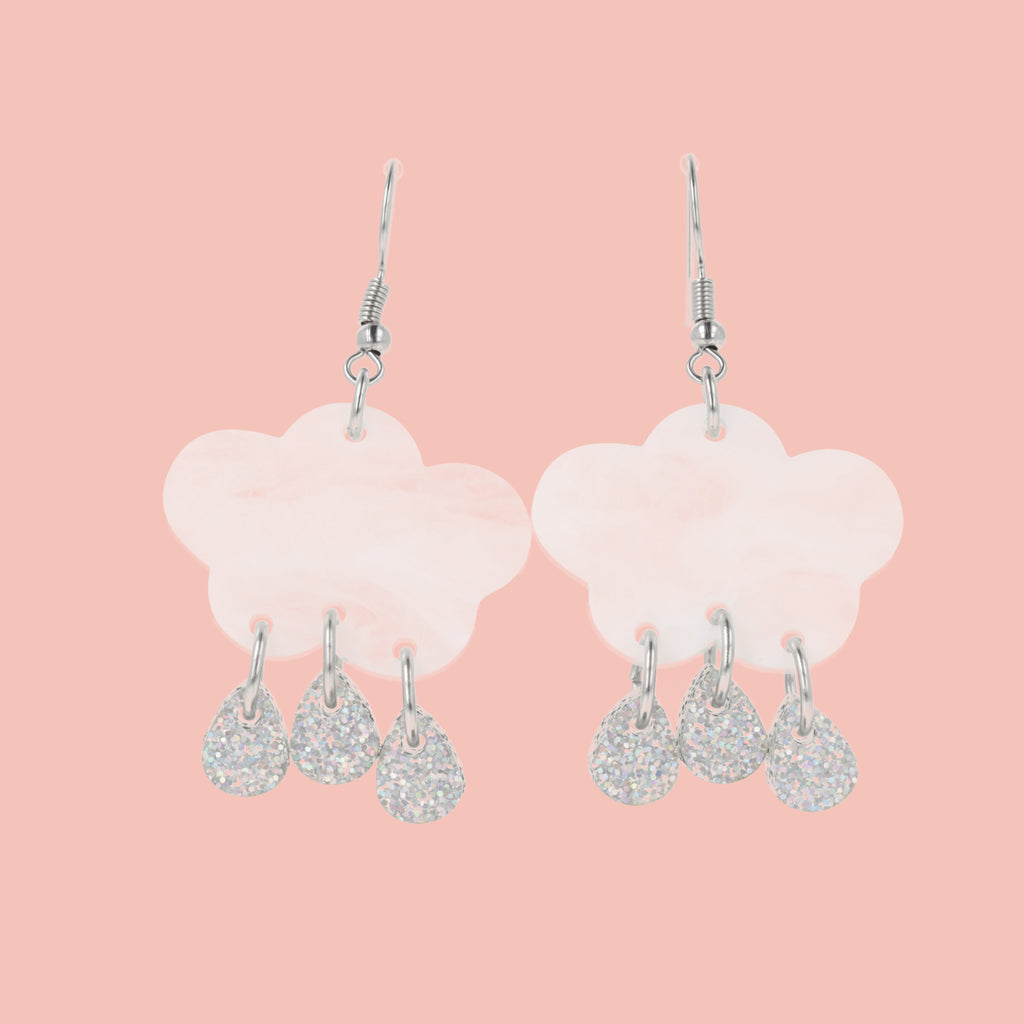 White marble clouds and silver holographic glitter raindrop charms on stainless steel earwires