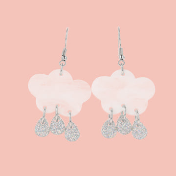 White marble clouds and silver holographic glitter raindrop charms on stainless steel earwires