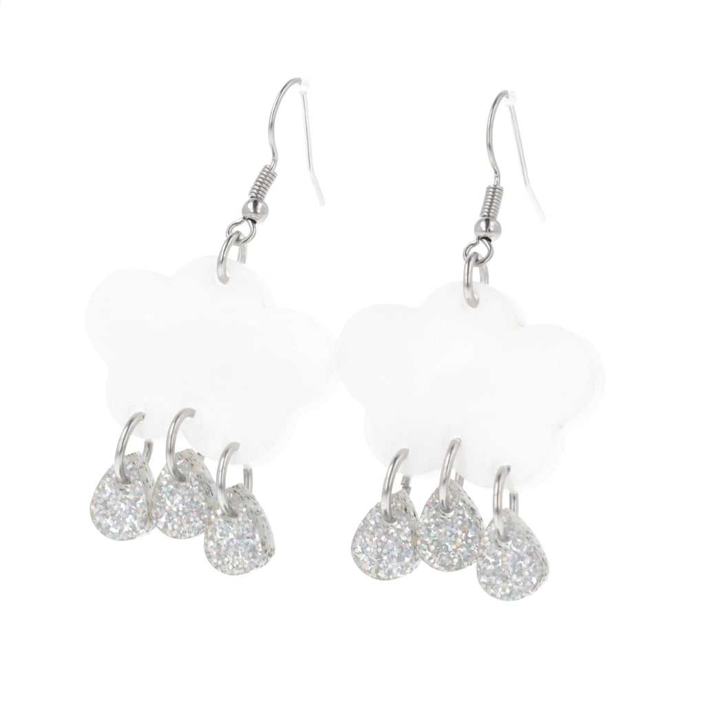 White marble clouds and silver holographic glitter raindrop charms on stainless steel earwires