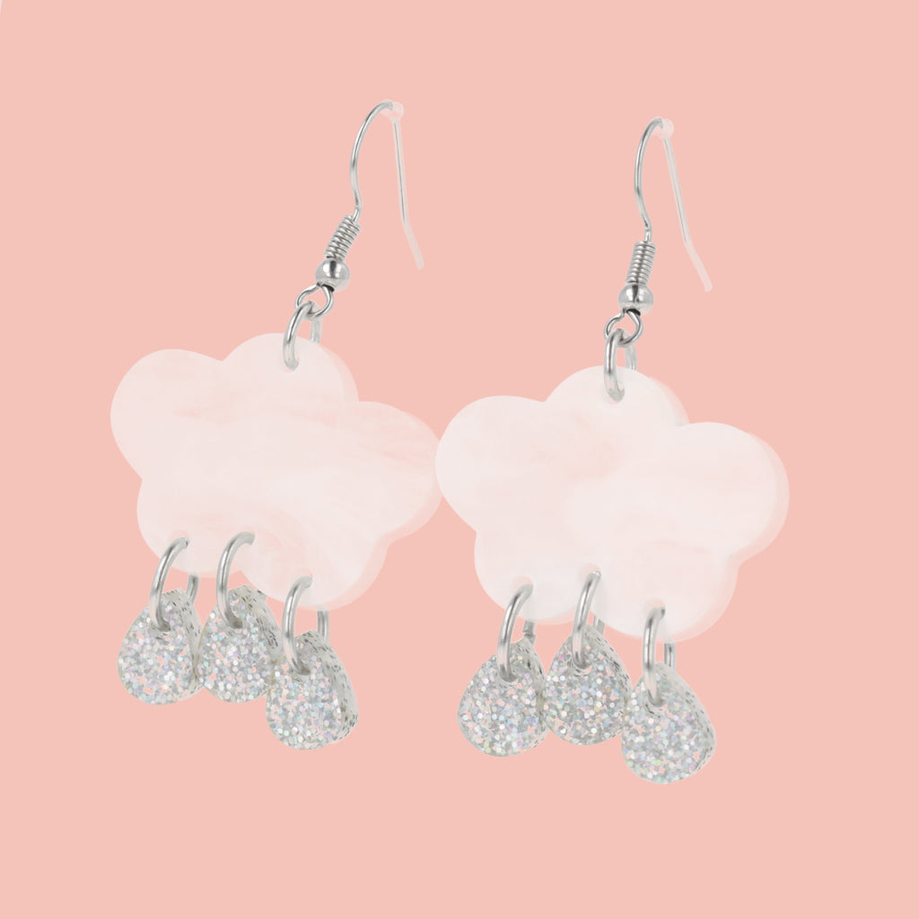 White marble clouds and silver holographic glitter raindrop charms on stainless steel earwires