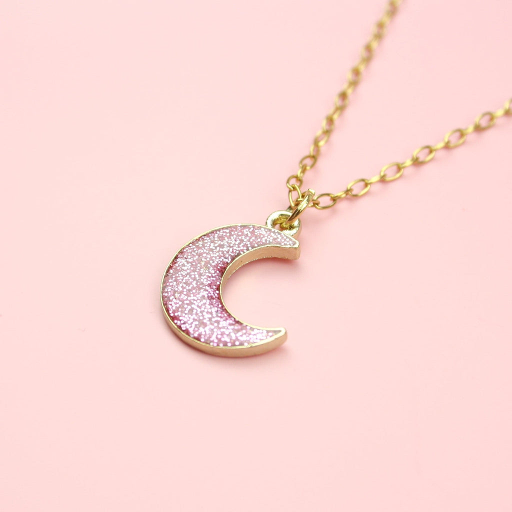 Pink Glitter Moon Necklace - Sour Cherry