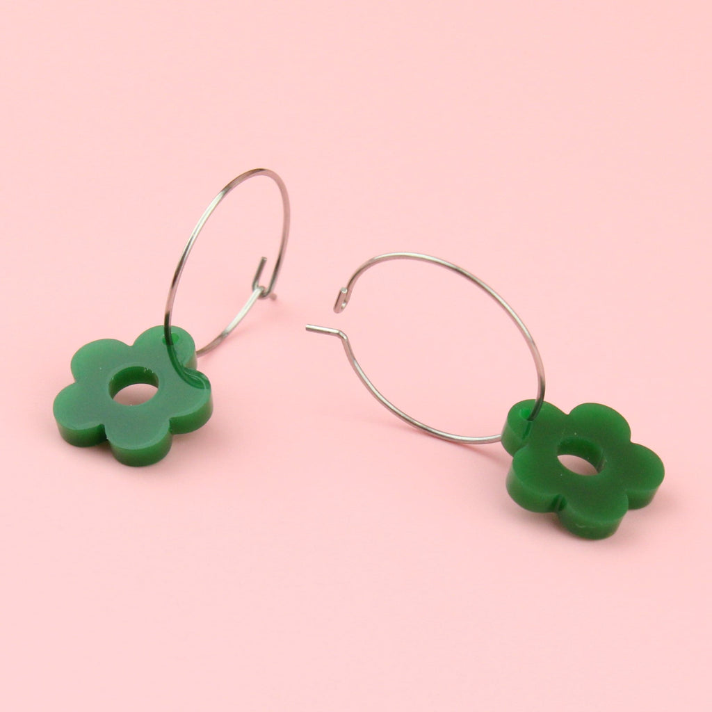 Dark green acrylic flower charms on stainless steel hoops